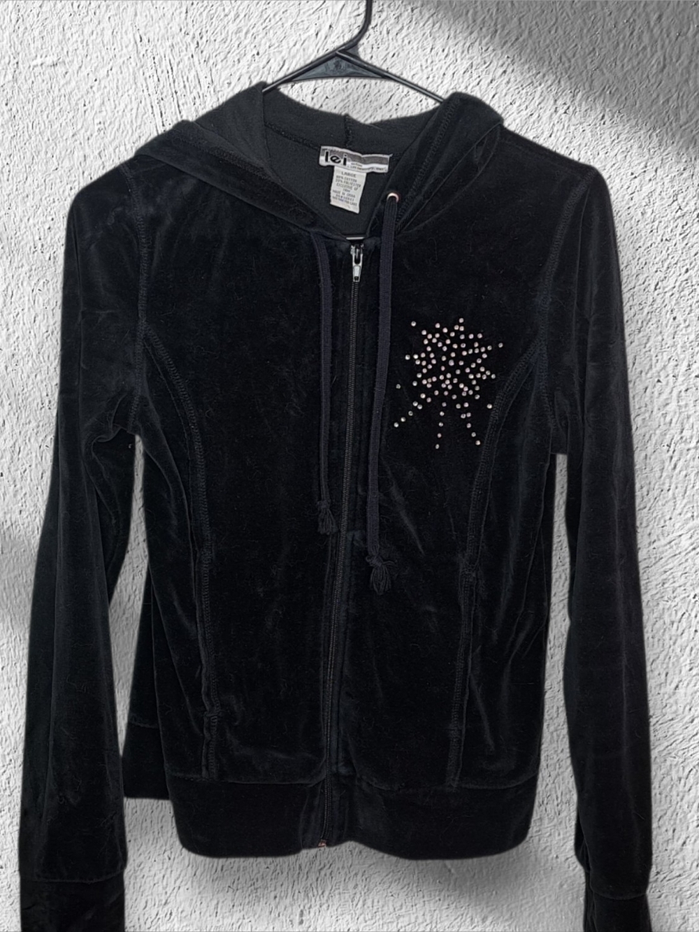 Lei Vintage y2k Velour Zip Hoodie Jacket in Black with Star Size Large